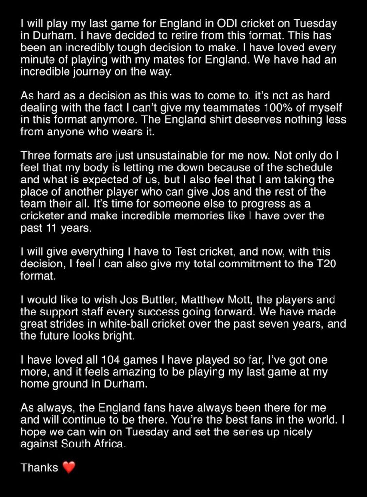 ben stokes retirement announcement