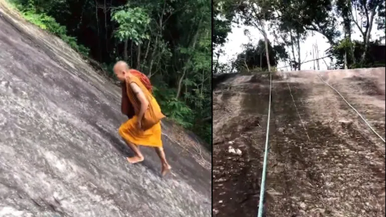 monk climbs mountain