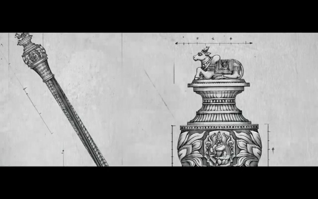 the sceptre measures five feet in length and has a ‘Nandi’ bull on top