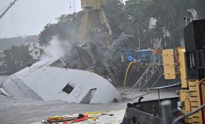 Indian Navy frigate INS Brahmaputra fully tilts onto one side after onboard fire at Mumbai docks (Lead)