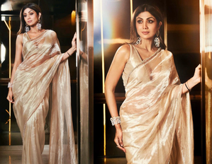 Shilpa Shetty dazzles in golden saree, glossy lips & smokey eyes